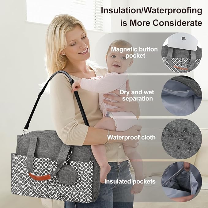 Diaper Bag Tote, Large Capacity Travel Diaper Baby Bags Crossbody Hospital Mom Bag，with Silicone Pacifier Case