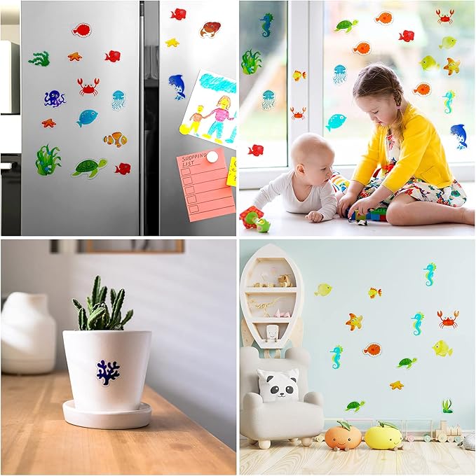 Tevxj Sea Animals 40pcs Thick Gel Clings, Multicolor Vinyl Decals for Kids, Reusable Window Stickers, Ocean Themed Party Supplies for Home, Car, Classroom, Nursery Decorations