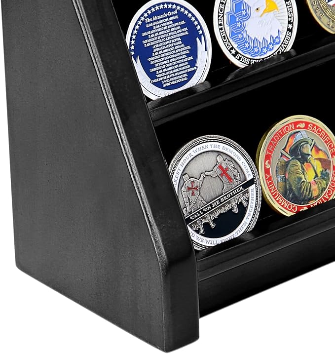 3 Rows Military Challenge Coin Display Case Wall Mount Wooden Army Coin Holder Stand Rack, Holds 21-24 Coins, Black