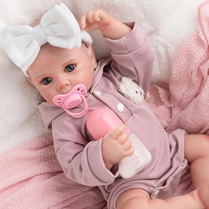 Jirachi Lifelike Reborn Baby Dolls, Real Life Vinyl Body Newborn Baby Girl, 18 Inch Realistic Reborn Baby with Feeding Accessories for Girls Age 3+