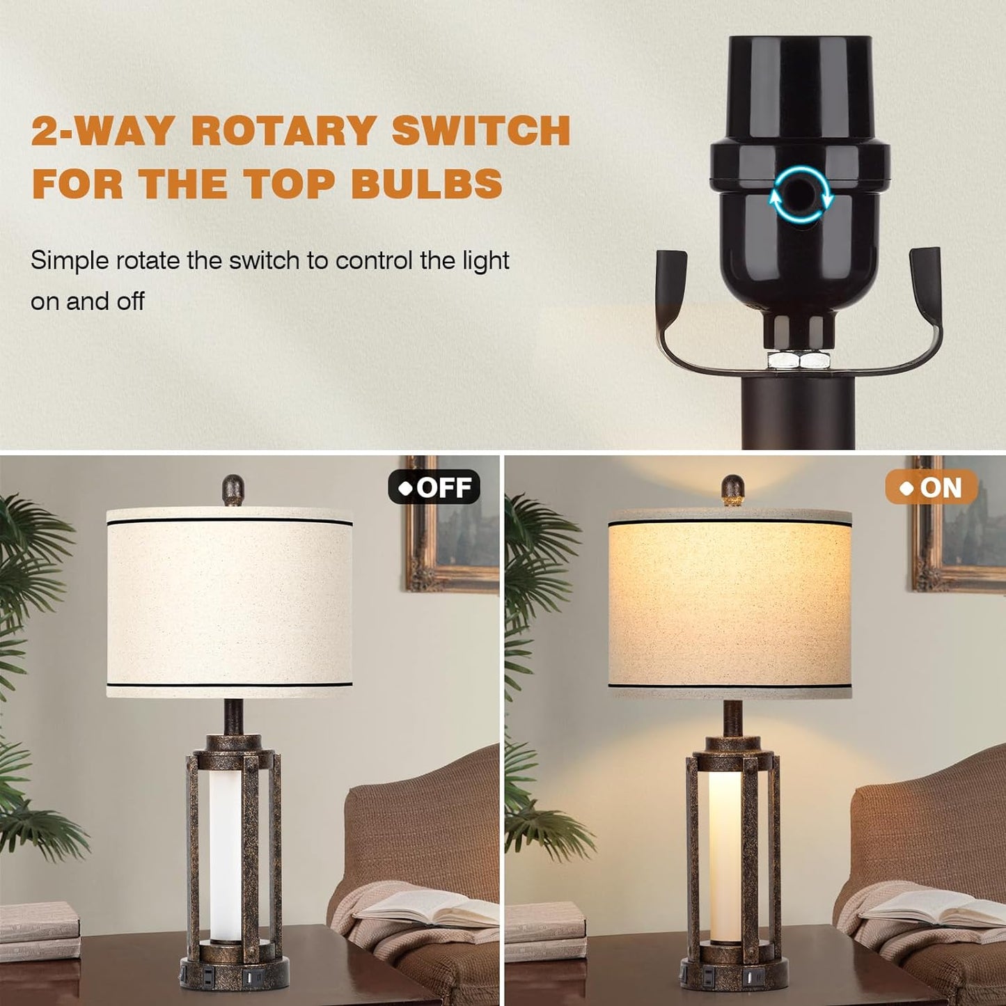 Farmhouse Industrial Lamp with USB A+C Charging Ports & AC Outlet, 26" Vintage Rustic Retro Table Lamp with Glass LED Night Light & Linen Fabric Shade for Living Room Bedrooms Single(2 Bulbs Included)