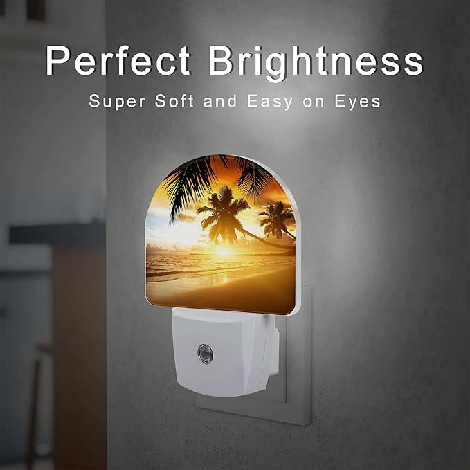 Tropical Ocean Beach Night Light, Palm Trees at Sunset Dusk to Dawn Night Light Plug in,0.5w Energy Saving Sleep Friendly NightLight for Kids Boys Girls Home Decor