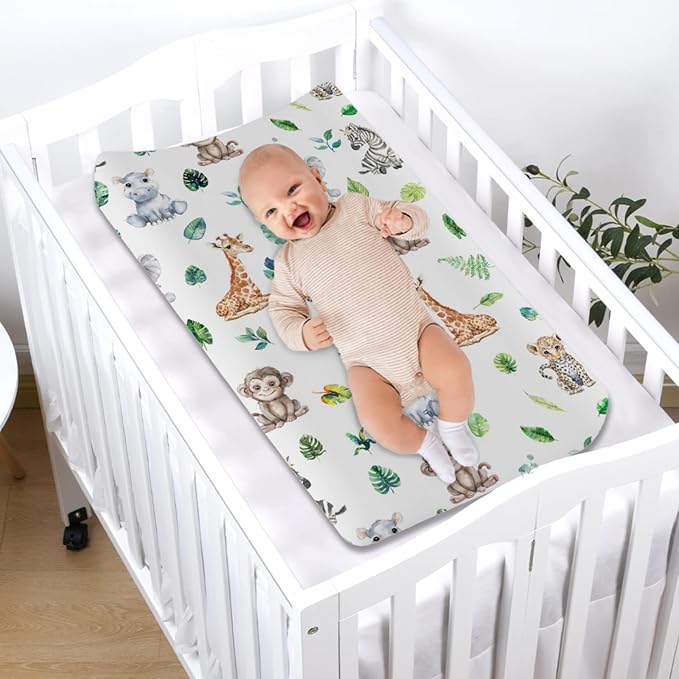 Jungle Safari Animals Tropical Leaves Changing Pad Covers Zoo Leopard Elephant Giraffe Zebra Hippo Monkey Baby Change Table Sheets for Boy Girl Soft Stretch Fitted Diaper Changing Pad Mats 32''x16''