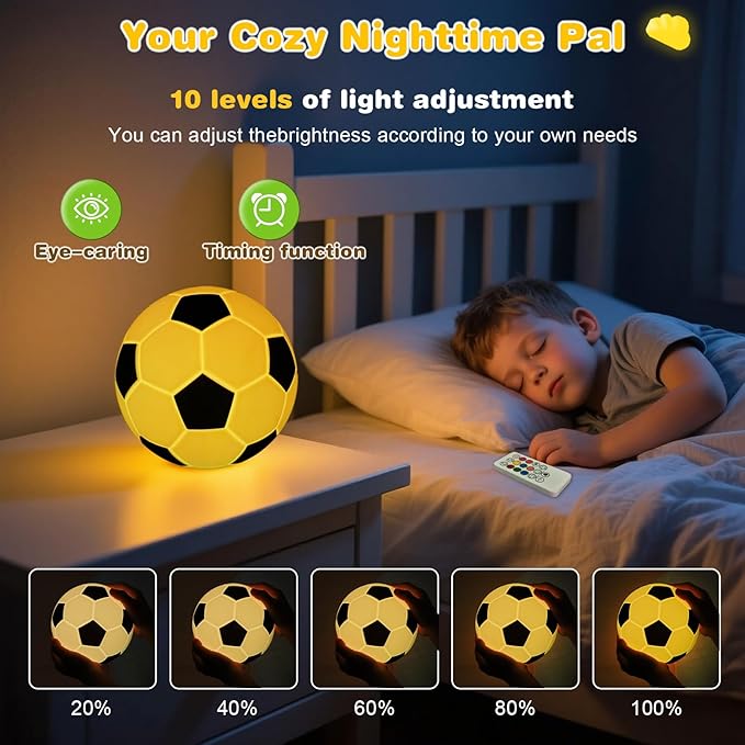 Soccer Silicone Night Light for Kids , 9 Colors with Remote Timer, Dimmable Rechargeable Baby Night Lights for Nursery, Battery Operated Lamp for Bedroom, Girls and Boys, Toddler, Baby Gifts (5.12 IN)