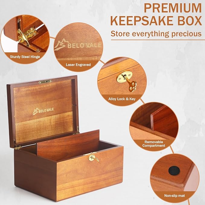 Premium Acacia Keepsake Box, Lockable Hand-Crafted Memory Box For Keepsakes with Removable Compartment,Wooden Decorative Box & Storage Box with Hinged Lid for Gift.