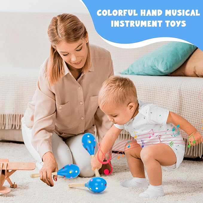 2 Pcs Maracas, Hand Percussion Rattles for Kids, Wooden Rumba Shaker Hand Musical Instruments with Clear Rhythm for Kids Adults Playing (Blue)