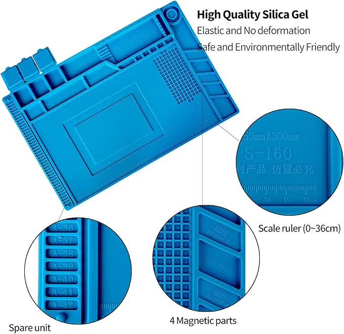 Kaisi S-160 Soldering Mat Insulation Silicone Magnetic Repair Work Station Mat Heat-Resistant for BGA and Gun Soldering Iron, Workbench, Cell Phone Laptop Repair, Size: 17.8 x 11.8 inch