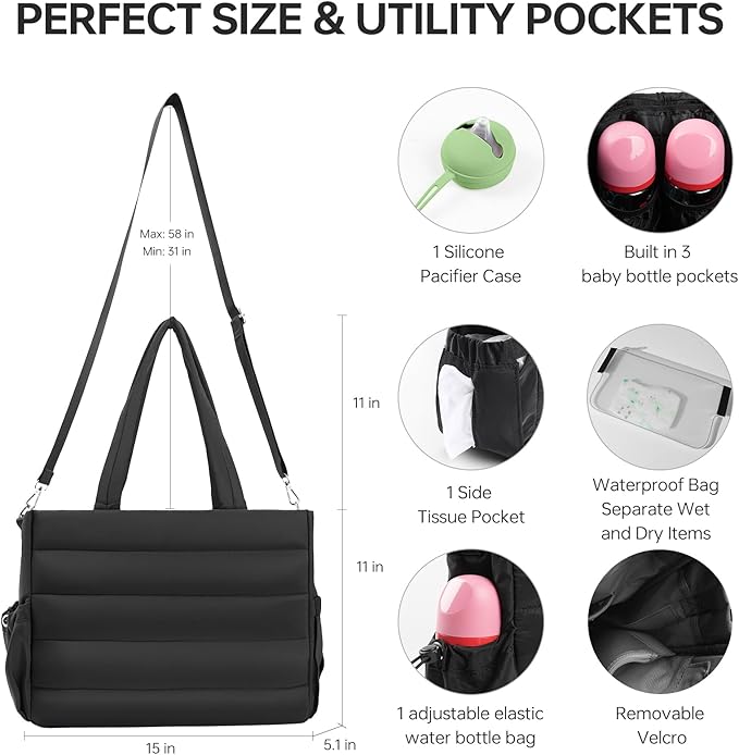 Diaper Bag Tote, Large Capacity Travel Diaper Baby Bags Crossbody Hospital Mom Bag，with Silicone Pacifier Case