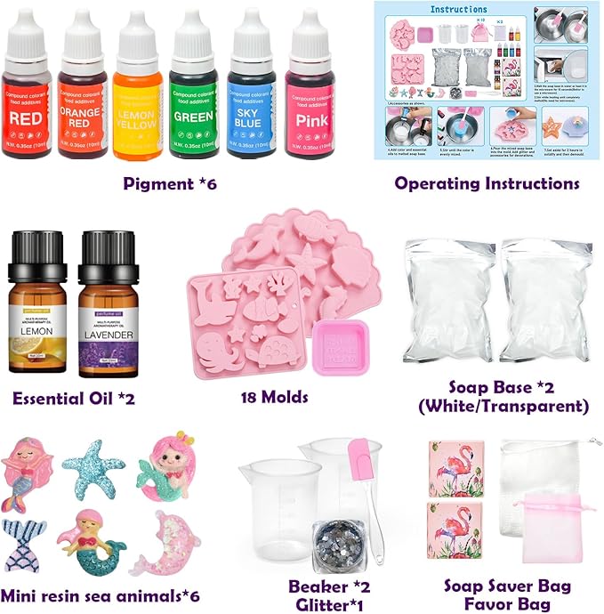 Golray Mermaid Soap Making Craft Kit Kids Toy, 18 Model, 6 Ink, 2 Essential Oil Supply, Art and Craft for Kid Girl Age 8-12 Year Old Ocean Animal Toy Birthday Gift, DIY Science Kits (Create 16+pcs)