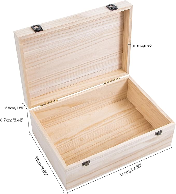 Wooden Storage Box Container with Hinged Lid and Front Clasp, 12.2''x8.6''x4.7'' Large Wooden Box, Wood Boxes Wood Gift Boxes for Crafts Art Hobbies and Valentine's Day Decoration