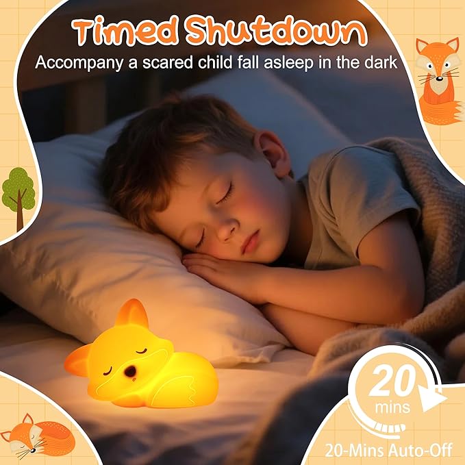 Fox Night Light for Kids, Cute Silicone Lamp with Rechargeable Dimmable 20 Mins Timer, Kids Bedside Decoration Light, Birthday Holiday Christmas Gifts Idea for Baby Girl Boy Friend