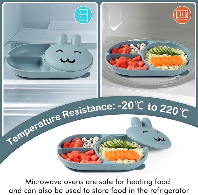 Silicone Baby Plate,Toddler plates,Self-feeding of infants after weaning, 100% Food Grade Silicone, BPA Free, Including Fork and Spoon, Baby Plates With Suction, Divided Plate for Babies(blue)