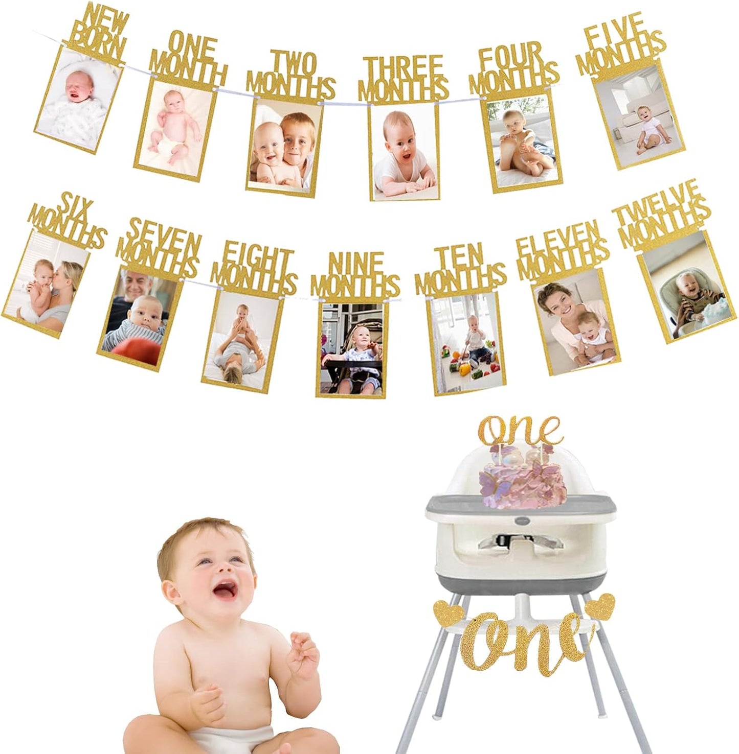 First Birthday Photo Banner Monthly Milestone Photograph Bunting Garland with First Birthday Cake Topper High Chair Banner 1st Birth Decorations