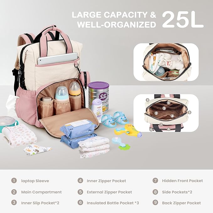 VONAL Diaper Bag Backpack, Lightweight Baby Diaper Bags, Travel Large Diaper Bag with Changing Station, Pink Diaper Backpack for Boys Girls Newborn with Insulated Pockets, Stroller Straps