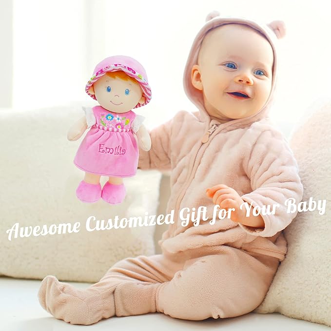 June Garden Personalized Soft Dolly Emilia - Stuffed Soft Baby Doll for Birth and Up with Custom Name - Pink Dress - 13"