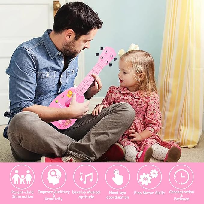 YOLOPLUS+ 17 Inch Kids Ukulele Guitar Toy 4 Strings Mini Children Musical Instruments Educational Learning Toy for Toddler Beginner Keep Tone Anti-Impact Can Play with Picks/Strap/Primary Tutorial