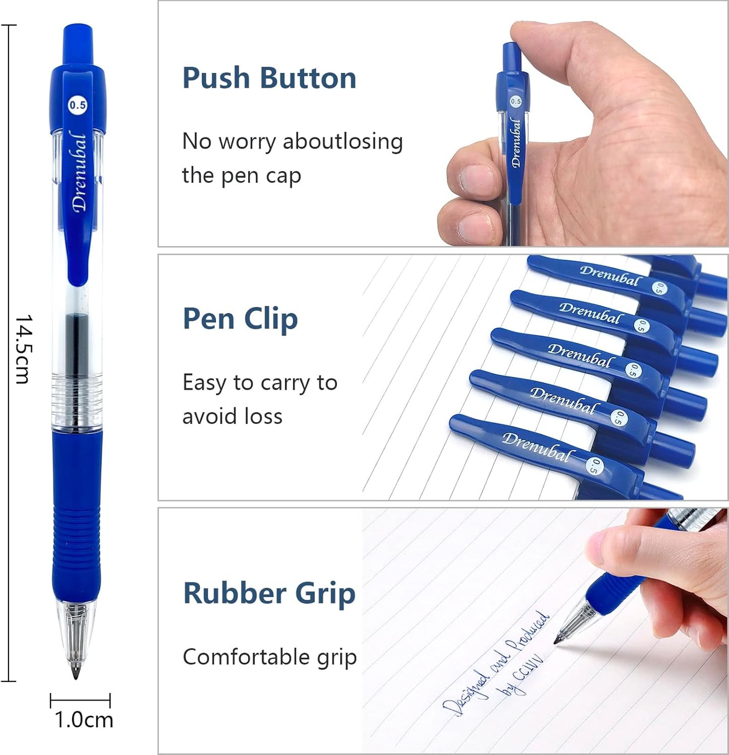 Blue Glide for School Office Retractable Ball Pens, Medium Point (0.5mm), Comfortable Rubber Grip For Writing, 6-Count Pack