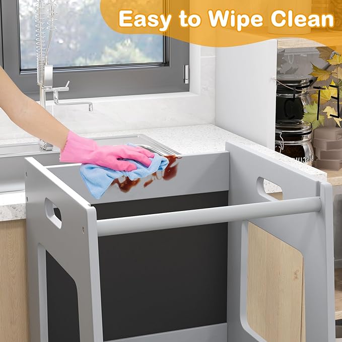 INFANS Toddler Standing Tower, Kids Montessori Kitchen Step Stool Helper with 2 Adjustable Height Learning Blackboard Safety Rail Wooden, Anti-Slip Mats, 1-3 Year Old Boy Girl Gifts (Grey)