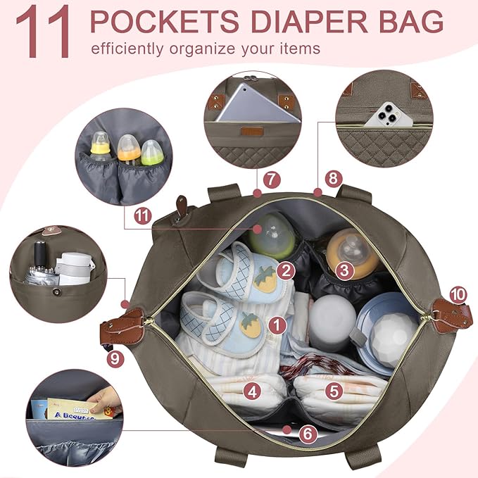 Diaper Bag Tote, Diaper Baby Bags with Pacifier Case, Shoulder Straps, Stroller Clips, Waterproof Large Mommy Maternity Travel Baby Bag for Mom and Dad, khaki, Medium