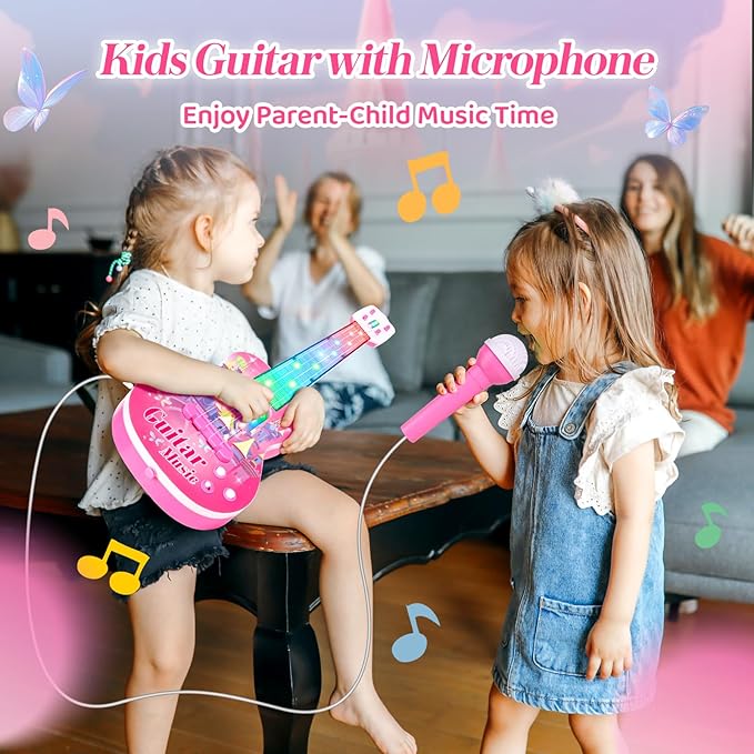 Kids Guitar and Microphone Playset, Musical Guitar Play Set with Adjustable Stand,Toy Guitar Starter Kit with 4 Strings, Electric Guitar Karaoke Toys with Music Lights for Boys Girls