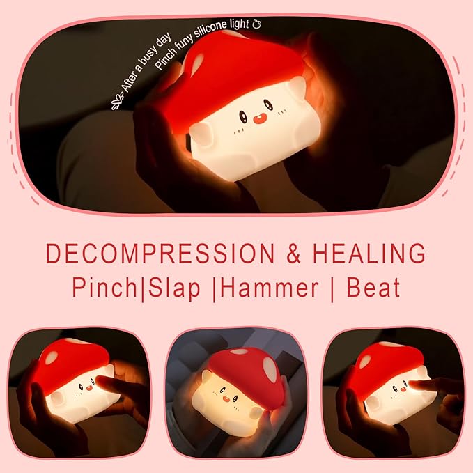 Mushroom Night Light, Cute Hug Mushroom Decor Lamp, Led Squishy Soft Silicone Night Lamp, Dimmable Rechargeable Portable Touch Nightlight for Kids Sleep, Nursery Room Cute Christmas Gifts