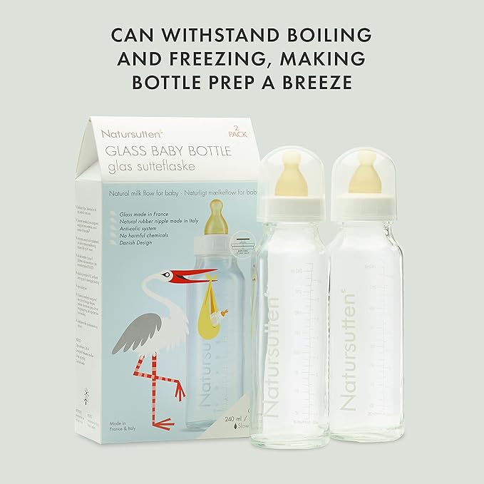 Natursutten Anti-Colic Glass Baby Bottle 2-Pack - 8 oz, 4 oz Bottles for Breastfeeding Babies - Newborn Bottles Set: Natural Rubber Slow-Flow Bottle Nipples, Seals, Valves, Baby Bottle Caps (8 Ounce)