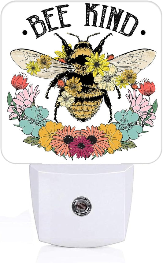 Bees and Flowers Night Light,Plug Into Wall for Boys Girls Bedroom Decorative Square Night Light Lamp 0.5w Sleep Friendly