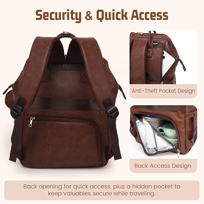 Premium Vegan Leather Diaper Bag Backpack with Waterproof Changing Pad – Reinforced Stitching & Zippers, Baby Bag for Boy Girl, Stroller Straps, Fits 15.6" Laptop for Work Moms, Dark Brown