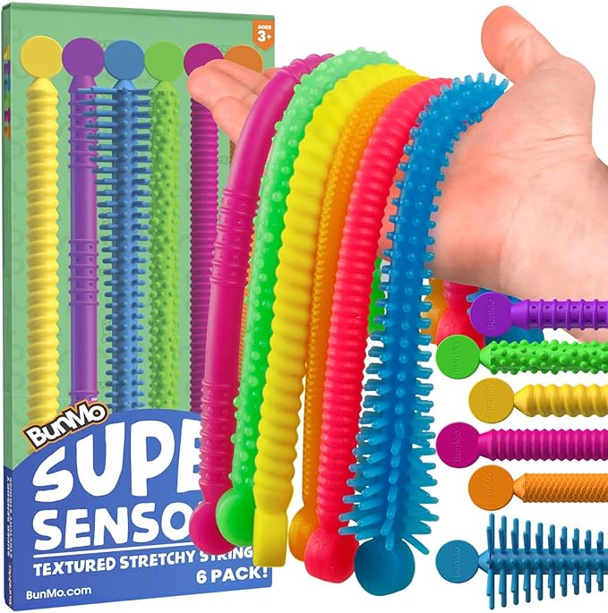 BUNMO Stretchy Strings - Stimulating & Fun Fidget Toys for Kids - Hours of Fun - Non-Mouthable Toy 3+ - Super Sensory 6 Pack