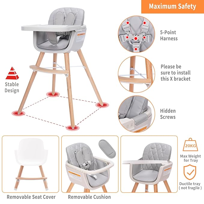 Mallify 3-in-1 Convertible Wooden High Chair, High Chairs for Babies and Toddlers, Baby High Chair with Adjustable Legs & Dishwasher Safe Tray, Made of Sleek Hardwood & Premium Leatherette, Gray