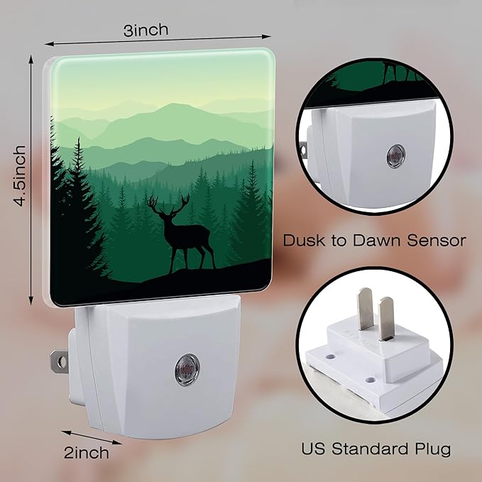 Misty Forest Deer and Mountain Night Light for Kids,Natural Landscape Wild Animal Night Light Plug in with Dusk to Dawn Sensor,0.5w Energy Saving Nightlight for Hallway Stairway Kitchen Bedroom