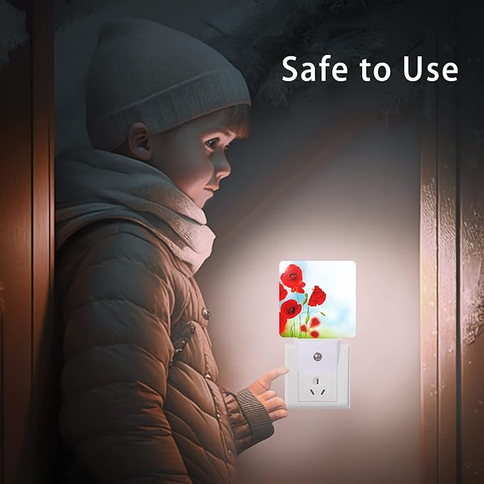 Red Poppy Flower Night Light,Plug into Wall Night Lights 0.5W Sleep Friendly for Boys Girls Led Night Light Dusk to Dawn Sensor Nightlight for Stairway/Hallway/Kitchen