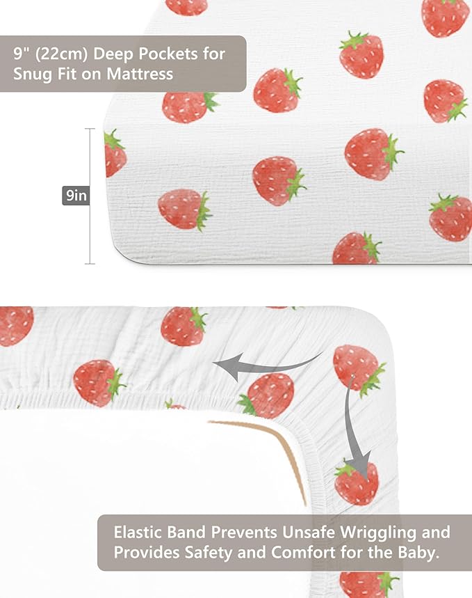 Crib Sheets for Baby Boy Girl 2 Pack, Fitted Crib Mattress Sheet 28" x 52", Muslin Toddler Bedding with Neutral Style, Nursery Bedding Essentials (Strawberry & Pale Pink)