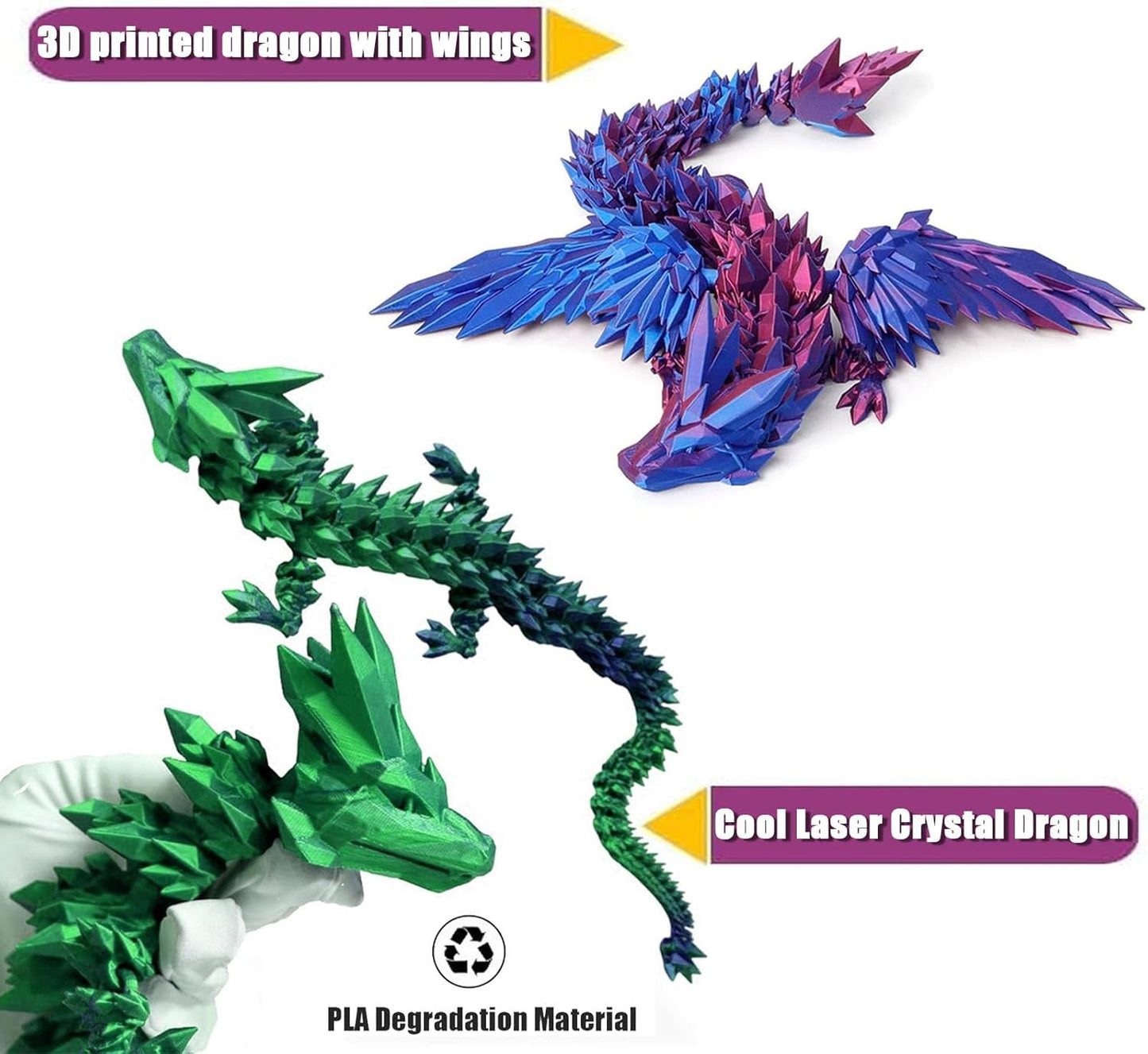 3D Printed Dragon with Wings, 2 Pack Mystery Dragon Fidget Toy, Mythical Pieces Articulated Dragon, Home Office Decor Executive Desk Toys (Purple&Green)