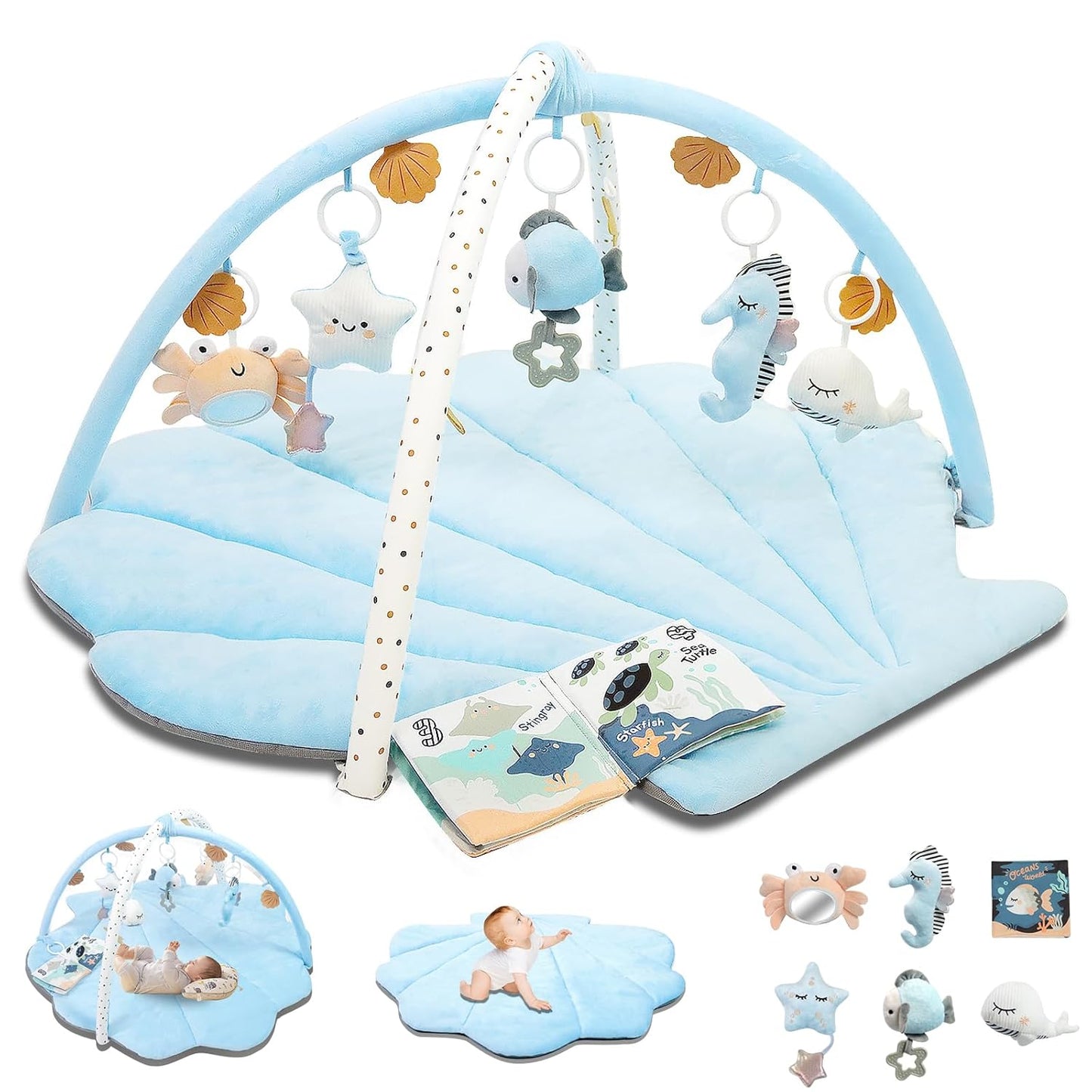 Baby Play Gym Mat, Oversize Tummy Time Activity Mat for Babies 0-6 Months, Shells Shaped Baby Play Mat with 6 Detachable Toys, Baby Mat for Floor Sensory Exploration Motor Skill Development (Blue)