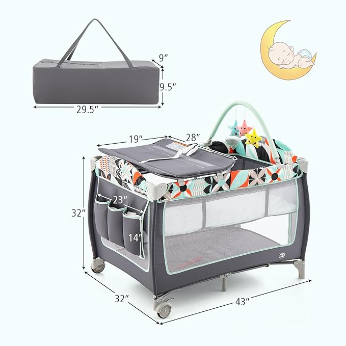 HONEY JOY Pack and Play, 4 in 1 Portable Baby Crib Playpen w/Bassinet, Changing Table, Storage Bag, Hanging Toys, Mattress, Foldable Pack and Play Nursery Center for Infant Boys Girls (Blue)
