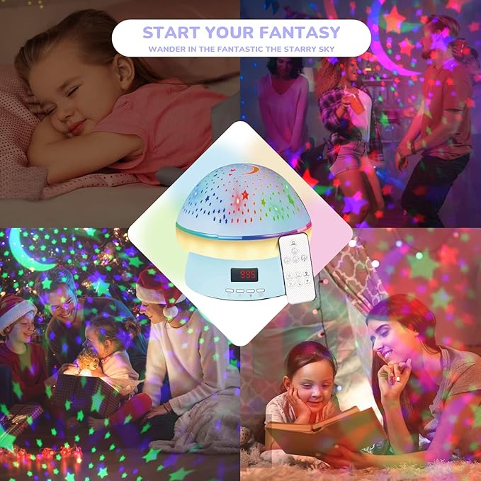 Remote Control and Timer Design Starry Sky Rotating Star Projector Night Light,16 Colorful Projector Light Dimmable LED Bedside Lamp,Kids Room Decor (Blue)