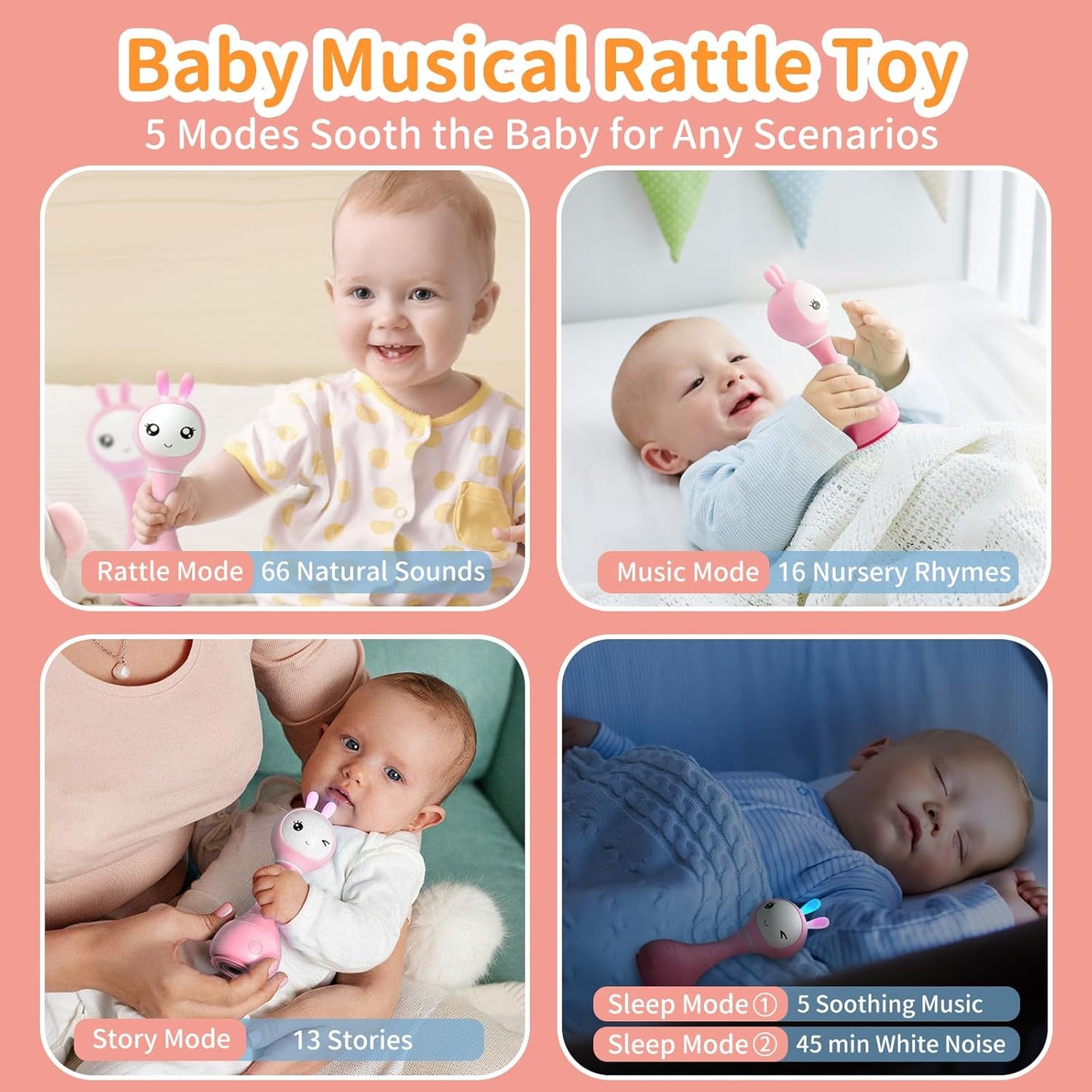 alilo Smarty Bunny Baby Rattle Musical Light Up Toys, Infants Newborns Baby Toys 0-3-6-12-18-24 Months,1 Year Old Boy Girl Gifts, 4 Music Modes and Color Recognition Function with 9 Color Card