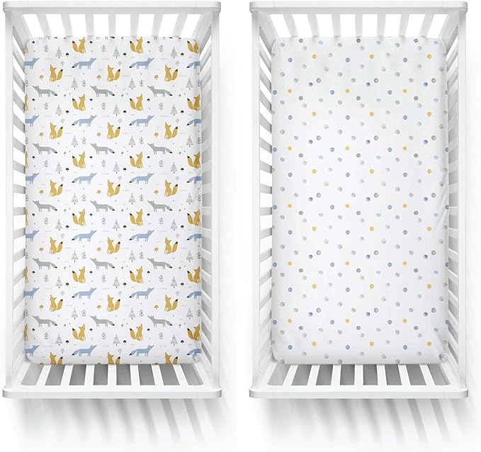 Featherhead™ 2-Pack Fitted Crib Sheets - 100% Cotton - 52" x 28" x 9" for Standard Crib and Toddler Mattress (Percale Blue Foxes)
