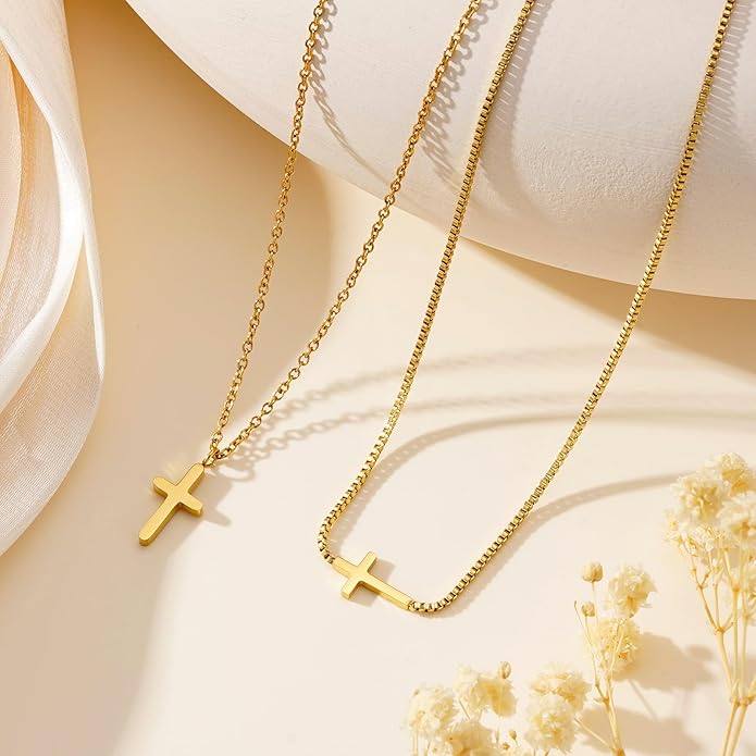 Cross Necklace for Women Trendy - Dainty 18K Real Gold Plated Minimalist Cross Necklace Non Tarnish Waterproof Trendy Cute Simple Small Necklaces Easter Christian Religious Faith Jewelry Gifts