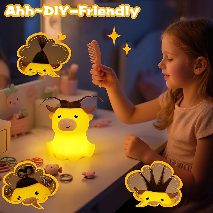 Highland Cow Night Light, Cute Animal Silicone Touch Cow Lamp, Highland Cow Gifts for Boys Girls Women Christmas, Dimmable Soft Glow Bedside Lamp for Nursery Bedroom Decor