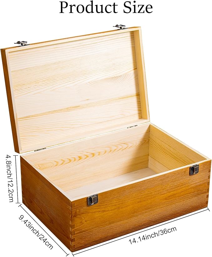 Vintage Wooden Storage Box, 14.14 * 9.43 * 5.89 Inch Small Wooden Box with Hinged Lid for DIY Art Hobby, Wood Keepsake Box Rectangular for Toys Jewelry Crafts Brown