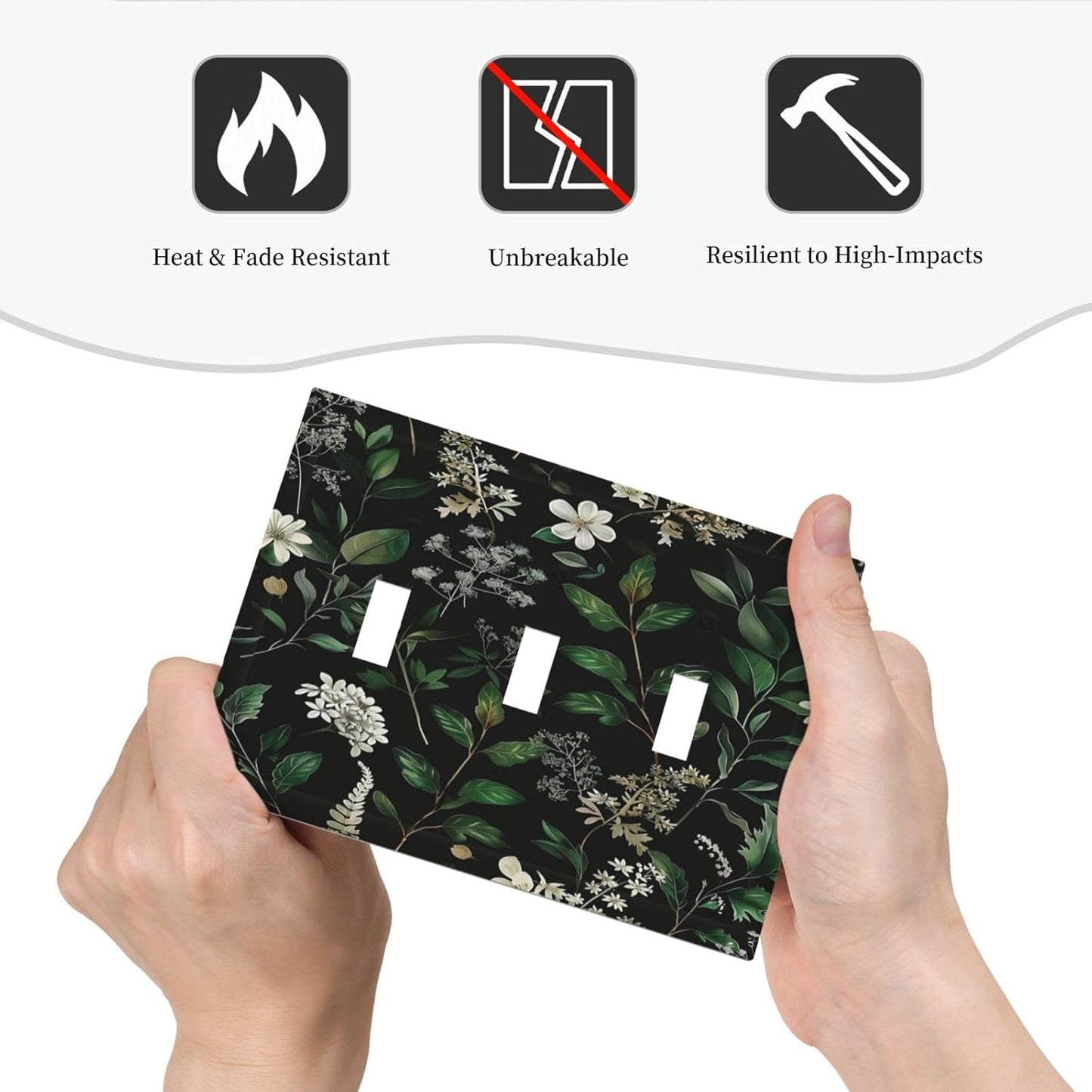 Decorative Switch Covers Plate Rustic Green Leaves White Flower 3 Gang Artistic Wall Plate Unique Triple Toggle Light Switch Plate Jumbo Faceplate for Country Bedroom Home Decor