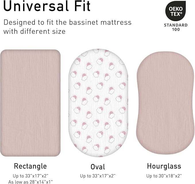Muslin Bassinet Fitted Sheets, 2 Pack for Baby Boy and Girl, Soft Breathable Baby Pad/Mattress Sheet, Fit for Hourglass Oval and Rectangle Bassinet Mattress (Pink Cloud)