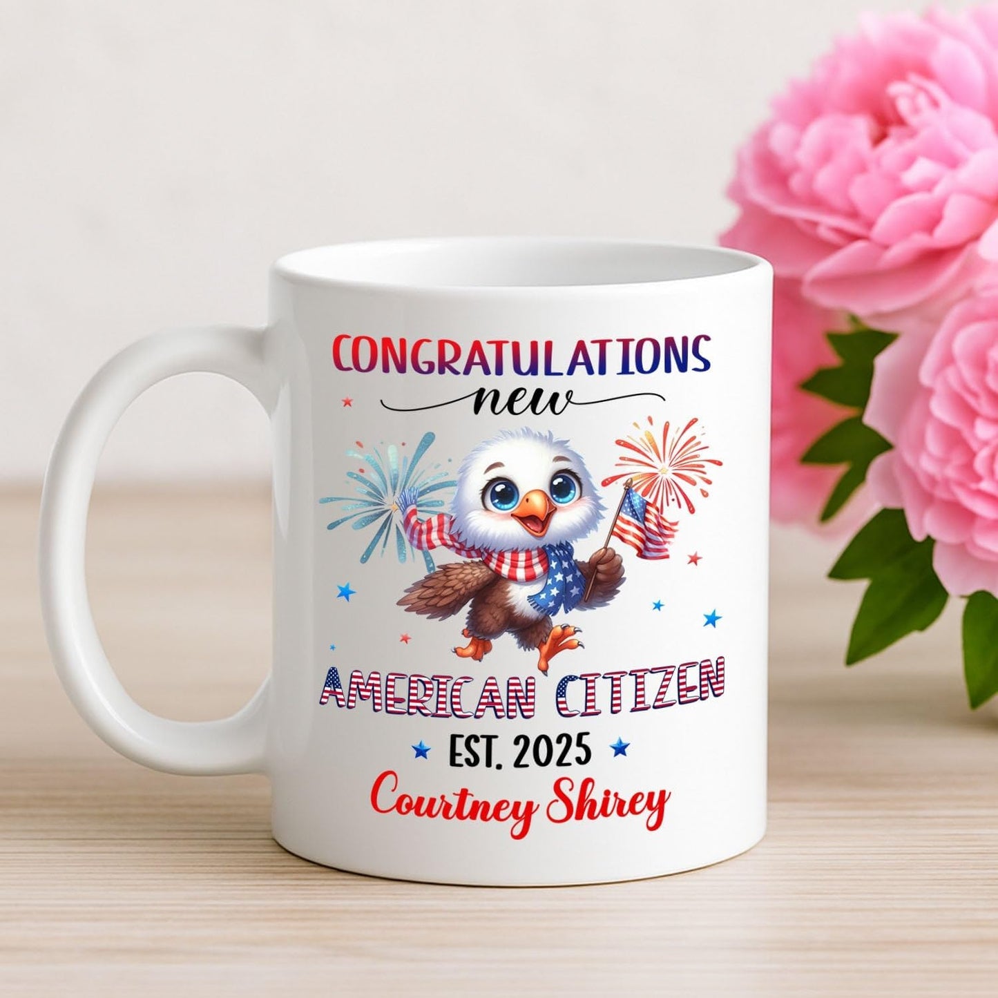 Congratulations New American Citizen Coffee Mug Gift For Daughter Son Sister Brother, Customized Congrats US Citizen White Coffee Cup With Year & Name, Personalized US Citizenship Teacup 11Oz 15Oz
