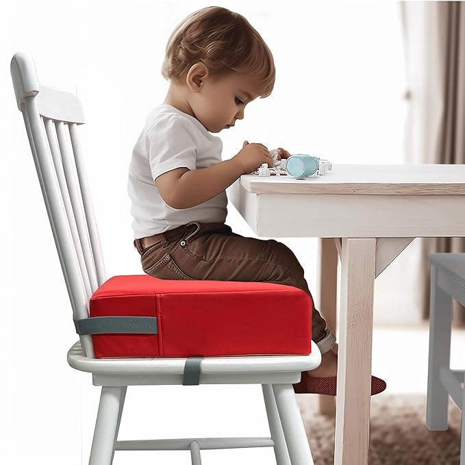 Toddler Booster Seat for Dining Table, 2 Elastic Seat Belts, Anti Scratch PU Skin-Friendly, Waterproof, Anti-Wrinkle, Detachable Non-Slip Bottom - Red