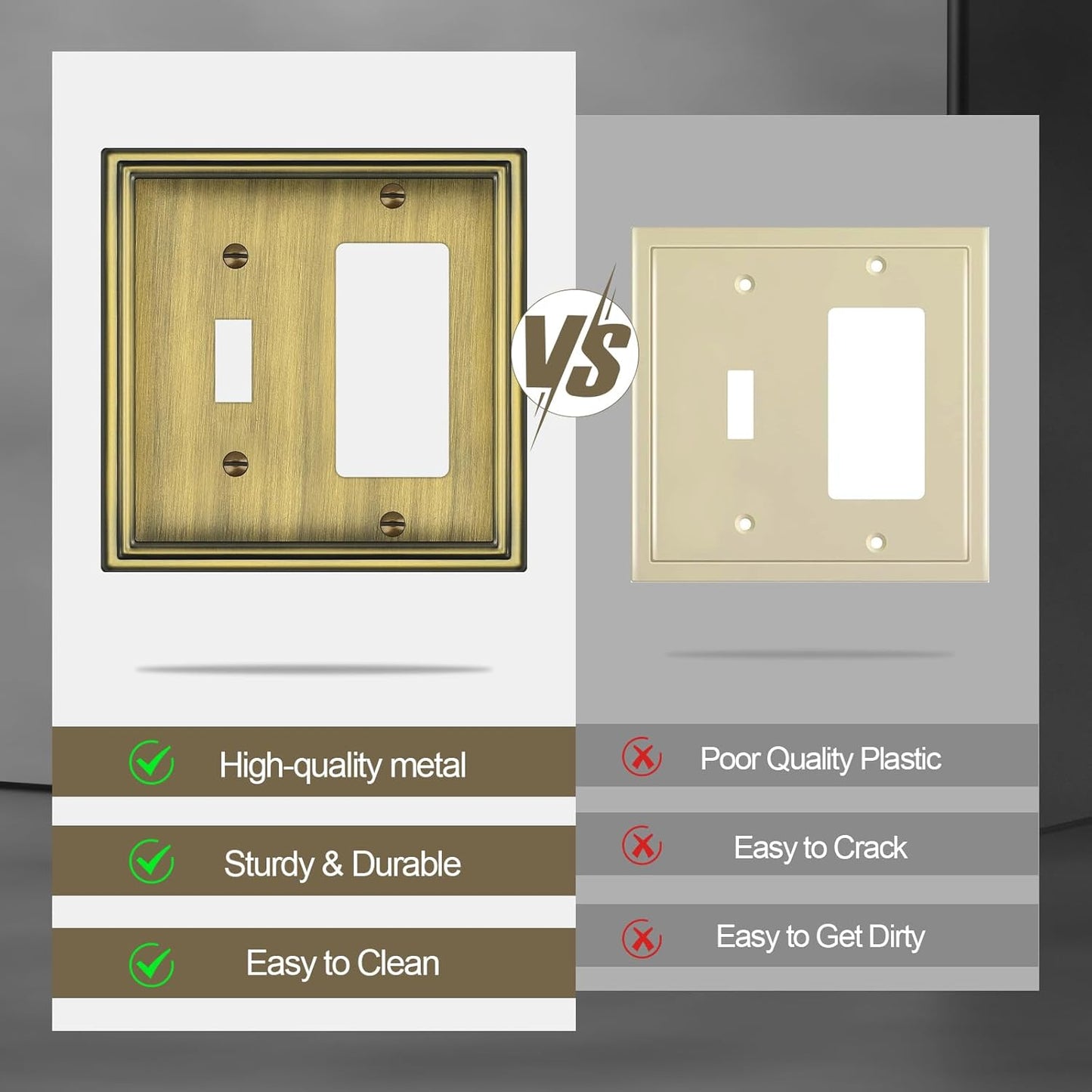 Combination Metal Light Switch Covers Wall Plate, 1 Toggle/1 Decorator Switch Plate Outlet Covers Antique Brass Decorative 2 Gang Wall Plate - Classic Style, 3 Pack