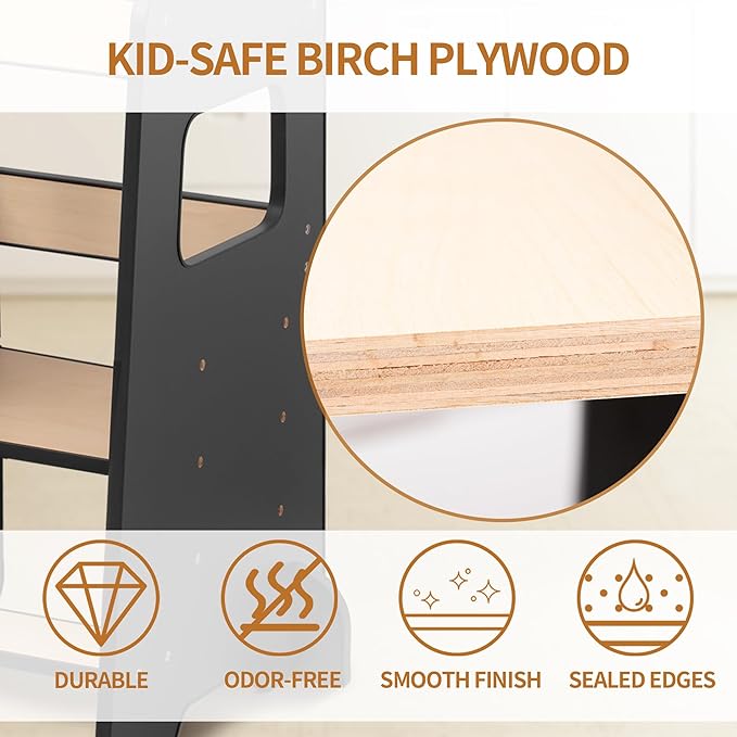 Toddler Kitchen Helper Tower for Ages 1–6 – 3-Level Adjustable Learning Tower, Toddler Standing Tower & Kitchen Stool Helper with Safety Rail, CPC Certified, Black