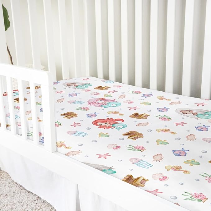 Watercolor Mermaids Baby Crib Sheets 52''x28'' Ocean Animals Fish Sea Horse Jellyfish Conch Coral Stretchy Fitted Crib Mattress Cover for Boy Girl Soft Bed Sheets for Standard Crib Toddler Mattress