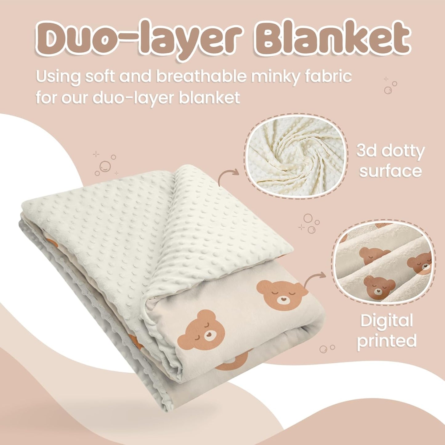 Bear Minky Baby Blanket 30 x 40 Inches for Boys Girls, Soft Plush Receiving Blanket with Dotted Back, Gift for Toddler Newborn Infant Christmas Birthday Baby Shower